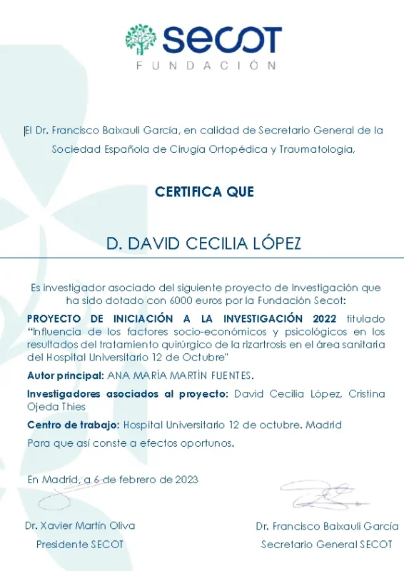 Certificado SECOT. La Dra. Martín Fuentes realizará su tesis doctoral sobre RIZARTROSIS y que dirigirá el Dr. David Cecilia.