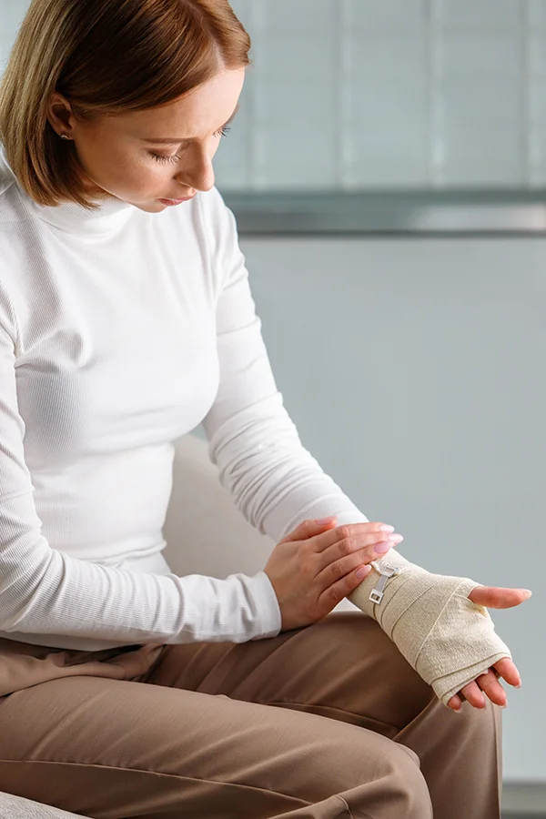 Mujer con vendaje por fractura de muñeca