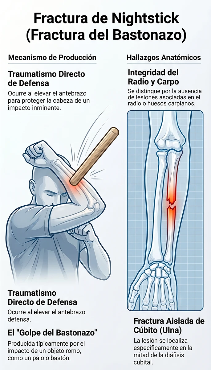 nigthstick fracture o fractura del bastonazo Ilustración explicativa de nigthstick fracture o fractura del bastonazo